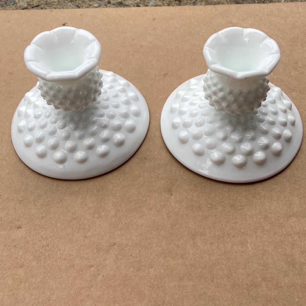 Vintage fenton 2 hobnail milk glass candle stick holders. Ruffled edge, 3 1/2"